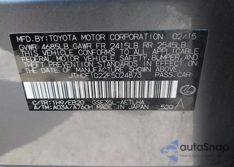 2015 Lexus Is 250 из США, поврежденный, VIN JTHCF1D22F5024873